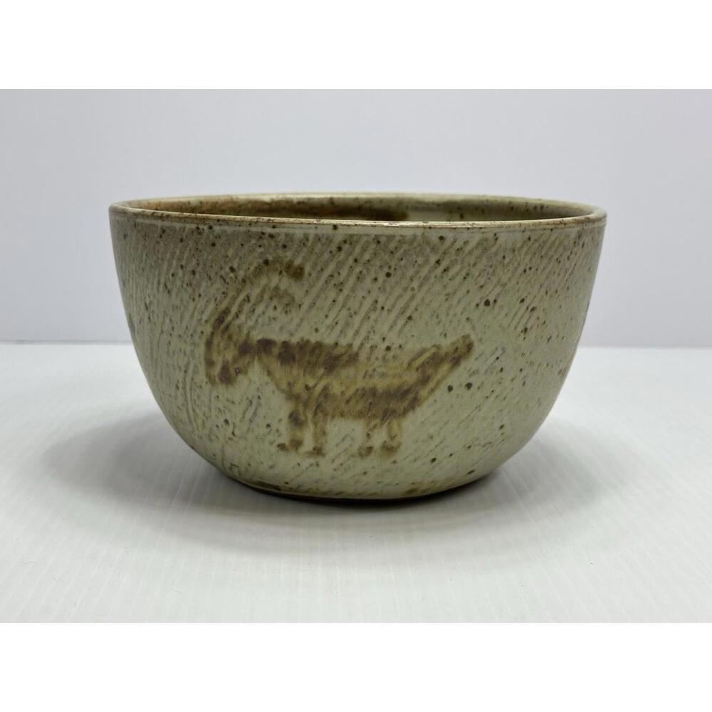 Signed Studio Art Pottery Bowl Glazed Stamped Beige Brown 4 Gazelle Indigenous